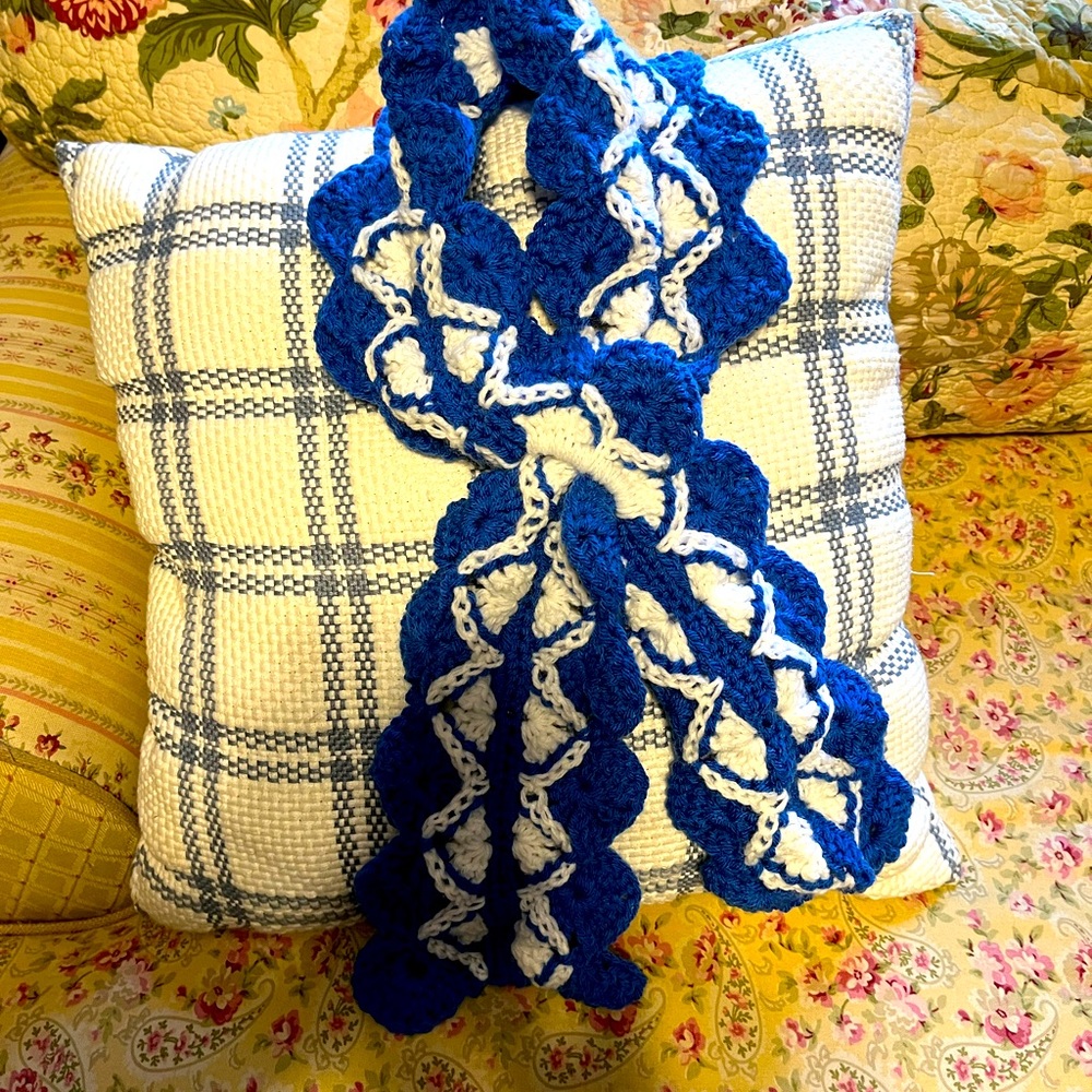 Hand Crochet blue and white keyhole scarf